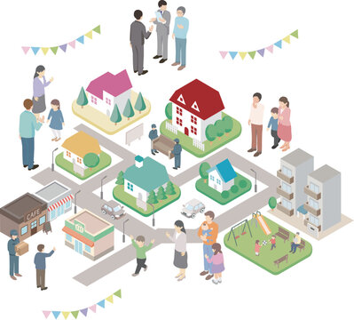Isometric vector illustration of a friendly town with people, houses, cafe, park, and delivery person. Neighborhood background.