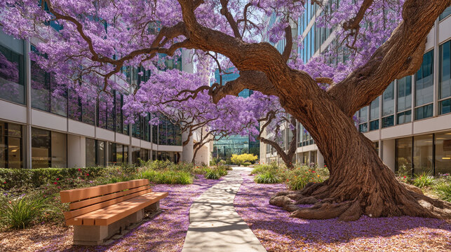 Path through a garden under a blooming jacaranda tree with purple flowers jacaranda landscape outdoors