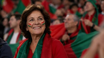 Fototapeta premium Portugal soccer fan cheering at world cup, showing support and excitement