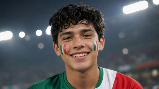 Young soccer fan smiling, showing national pride with face paint at stadium