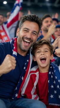 Usa soccer fans: happy father and son cheering for their team at stadium