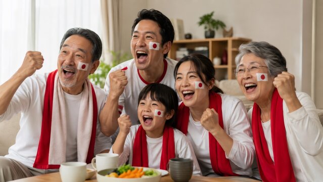 Japanese family cheering for soccer team in world cup, celebrating sport at home