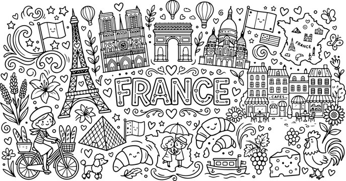 france cartoon outline hand drawn Line Art illustration doodle art coloring page for kids