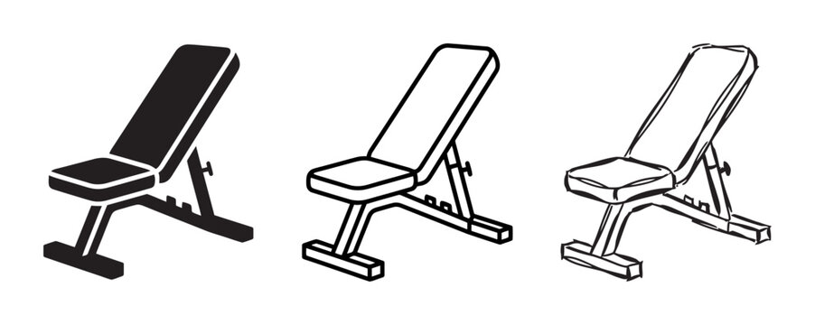 Adjustable Weight Bench Icons, Fitness Equipment Vector Graphics, Gym Workout Gear Set