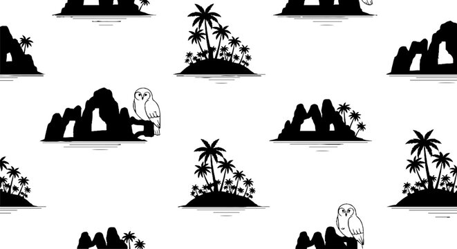 Whimsical black and white tropical island silhouettes pattern.