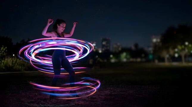 Young woman dancing with glowing hula hoop in a park at night