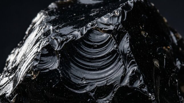 Raw black obsidian volcanic glass stone isolated on solid dark background