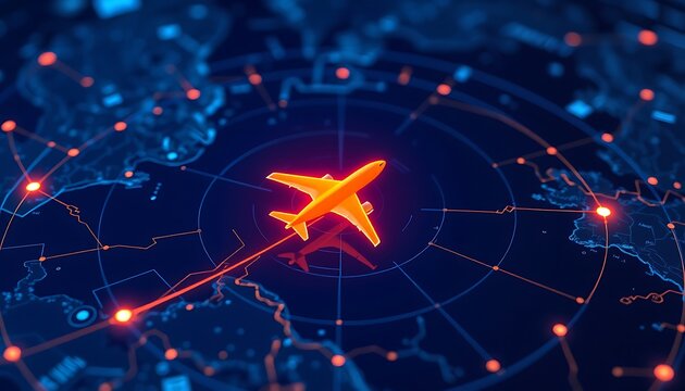 Futuristic digital radar screen with airplane over blue topographic map