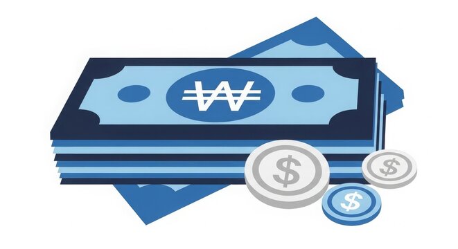 Finance - Korean Won Banknotes Stack with Dollar Coins Flat Design Illustration on White Background
