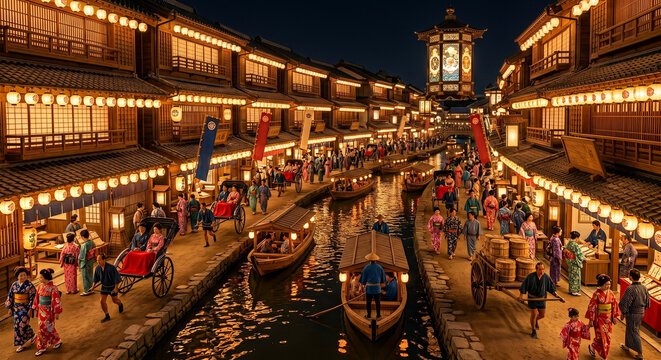 Neo Edo Dotonbori Canal Night Scene with Lanterns and Traditional Japanese Crowd in Osaka Japan