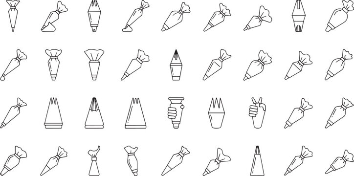 Collection of black line piping bags and nozzles on white background pastry bag icing bag cake decorating