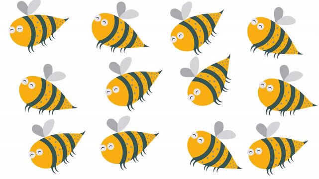 Multiple cute cartoon yellow honey bees arranged grid pattern white background suitable for childrens book illustrations, educational materials, and beekeeping resources.