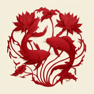 Red Koi Fish with Lotus in Papercut Style