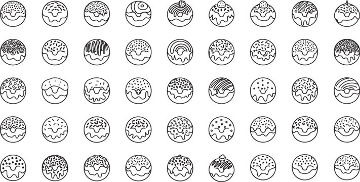Collection of hand drawn outline donuts with various toppings and icing doughnut food