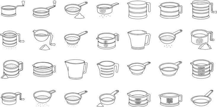 Collection of line kitchen sieves and measuring cups with powder sifter flour sifter kitchenware