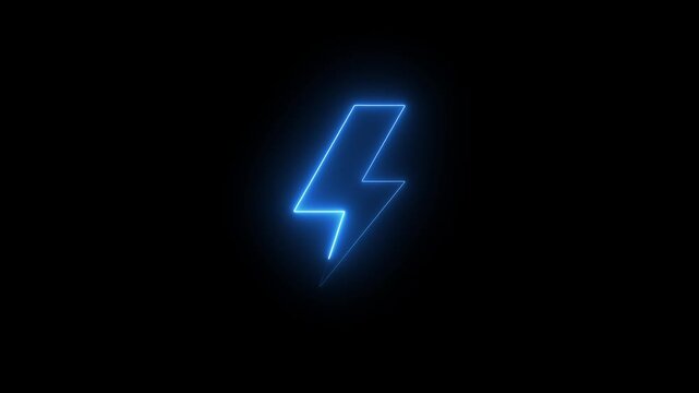 Glowing blue neon lightning bolt symbol pulsing on black background, electricity