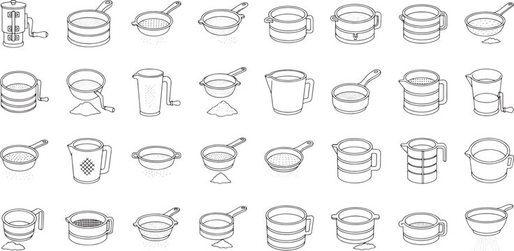 Collection of line kitchen sieves strainers and measuring cups kitchenware cooking baking