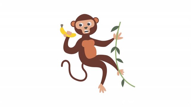 Brown monkey with yellow banana and green vine, cute cartoon character art suitable for childrens books, posters, and educational materials.