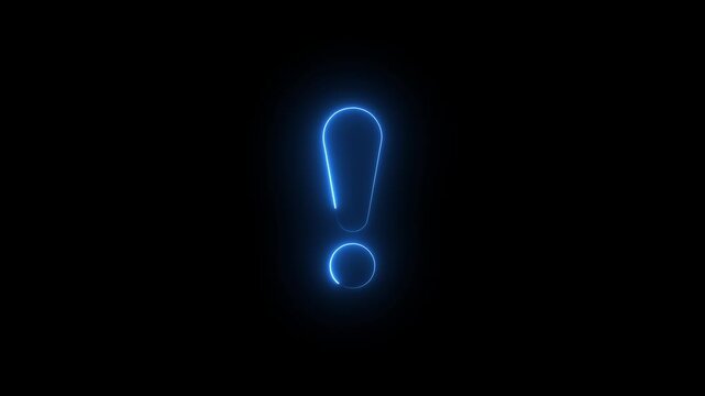 Glowing blue neon exclamation mark symbol pulsing on black background, for alert and, notification