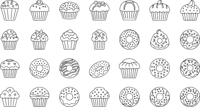 Collection of outline cupcakes and donuts with various toppings and food sweet
