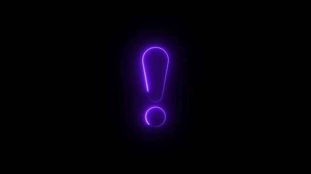 Glowing purple neon exclamation mark sign animation on black background