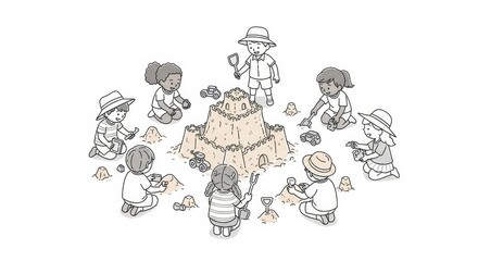 Obraz premium Childhood - Diverse Group of Children Building a Large Sandcastle Together Outdoors with Shovels and Toy Trucks