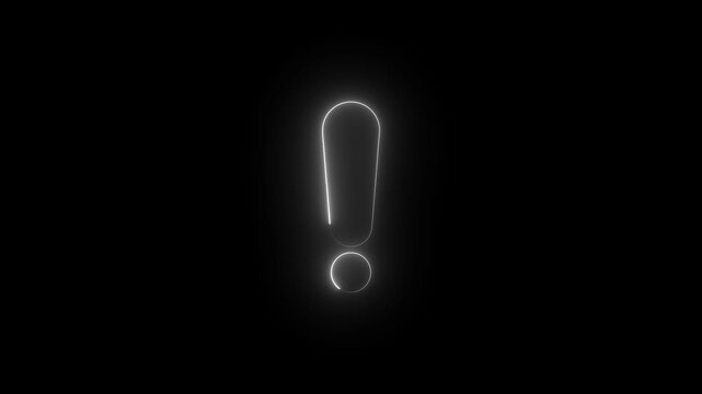 Glowing neon exclamation mark symbol animation on black background, sign