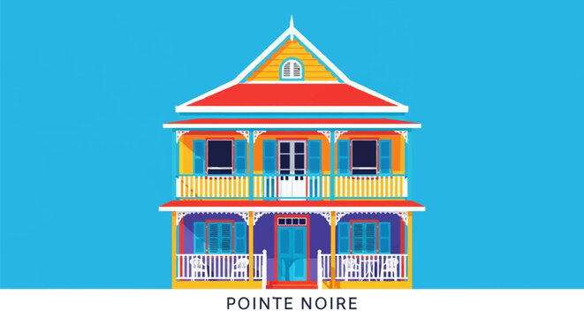 Colorful vector illustration of a traditional Creole house in Pointe-Noire, Guadeloupe, showcasing colonial architecture with vibrant balconies, shutters, and tiered gabled roofing.