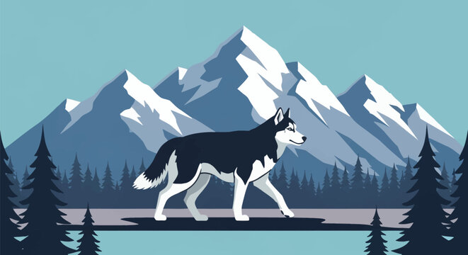 Vector illustration of a black and white Siberian Husky dog walking through a mountain landscape with snow-capped peaks and a dense pine forest under a clear blue sky.