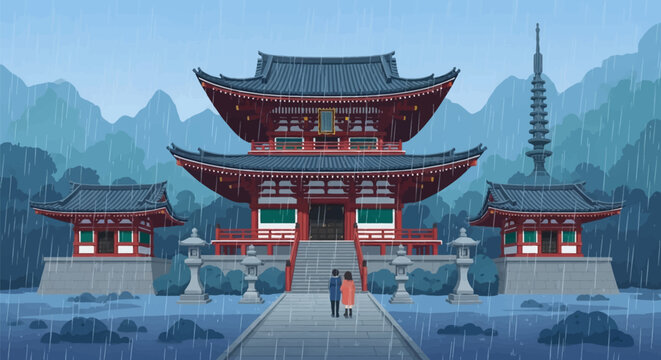 Vector illustration of a traditional Japanese temple complex with red structures and tiled roofs during a rainy day, featuring a couple walking on a stone path toward the main gate.