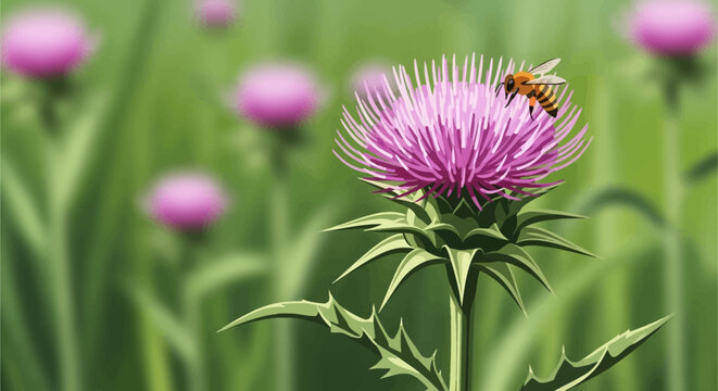 Vector illustration of a honeybee pollinating a purple milk thistle flower (Silybum marianum) with a soft green blurred field background and sharp prickly leaves in the foreground.