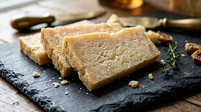 A few slices of high-quality aged hard cheese (like Parmesan) arranged neatly on a dark slate board