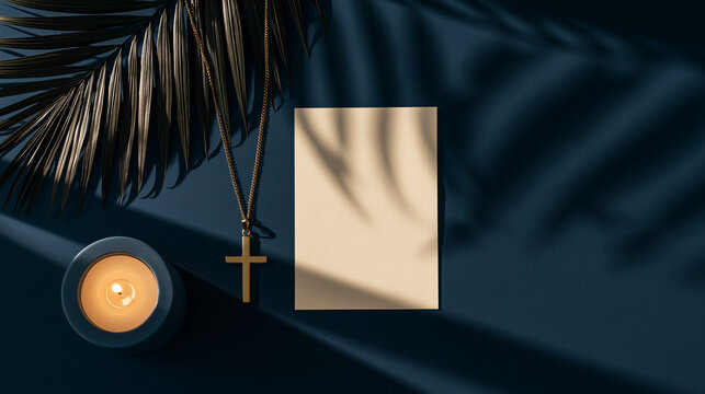 Luxury Christian invitation mockup with blank card on deep navy background, gold cross necklace, candlelight and palm leaf shadows for prayer, memorial, baptism or church stationery.