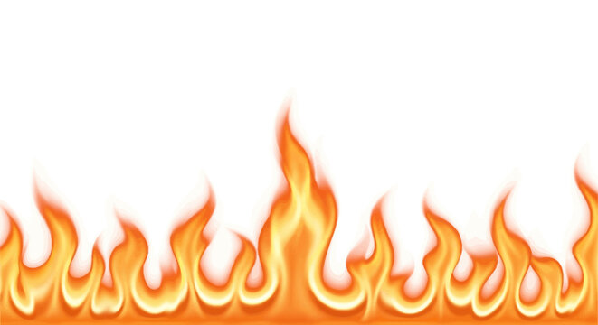 Digital illustration of a horizontal border featuring stylized orange and yellow fire flames on a plain white background, showing detailed burning tongues and glowing heat effects.