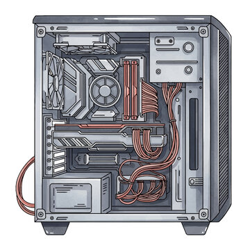 Watercolor illustration of a desktop computer case interior featuring detailed hardware components including motherboard, graphics card, RAM, cooling fans, and power supply unit.