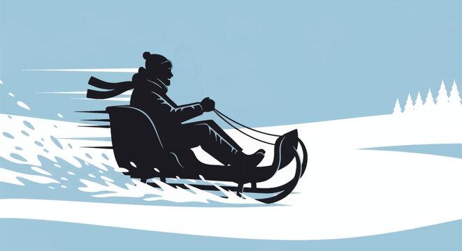 Silhouette of a man wearing a winter hat and scarf riding a traditional wooden sled down a snowy hill at high speed with snow spray and motion lines against a blue sky.