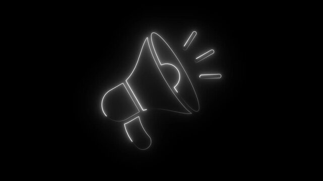 Glowing neon megaphone animation, digital marketing announcement symbol on black background loudspeaker