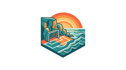 Coastal soccer field illustration with sun and waves © upeh