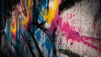 Naklejka premium Urban wall adorned with vibrant paint splatters, embodying abstract street art energy.