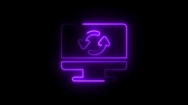 Neon computer monitor with rotating refresh arrows animation, digital technology concept for ui and web