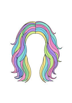 Vector illustration of a long wavy wig or hairstyle featuring layered strands in pastel rainbow colors including pink, purple, blue, cyan, and yellow isolated on a white background.