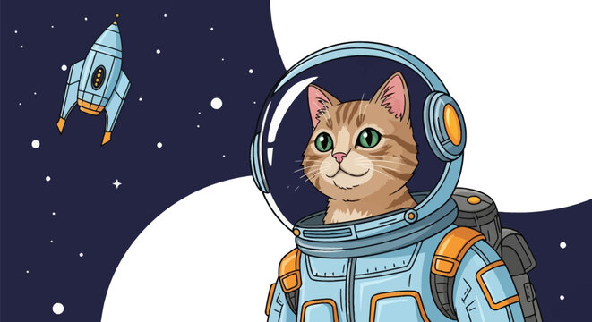 Vector illustration of a ginger tabby cat wearing a blue astronaut space suit and glass helmet, floating in outer space with a rocket ship, stars, and large white celestial spheres.