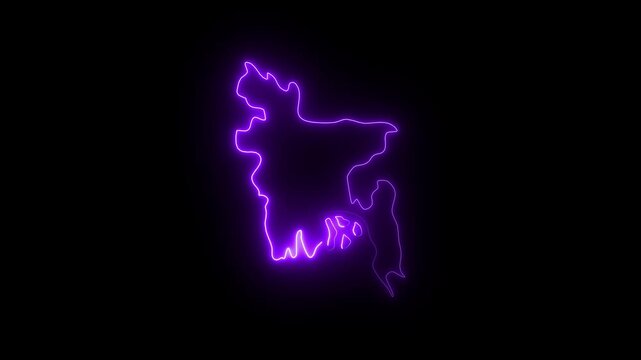 Neon glowing bangladesh map outline animation, purple digital country border