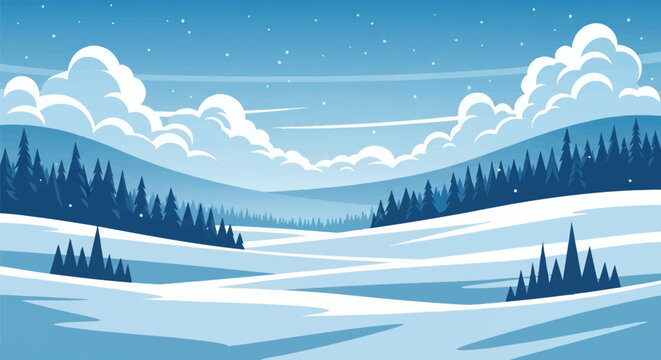 Vector illustration of a winter landscape featuring snow-covered hills, a dense evergreen pine forest under a blue sky with stylized white clouds and falling snow particles.