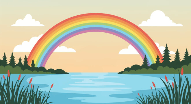 Flat vector illustration of a colorful rainbow arching over a calm blue lake with pine trees on the shore, white clouds in a pale yellow sky, and reeds in the foreground.