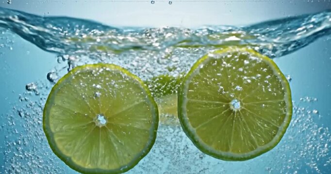 Fresh lime slices splashing and sinking into clear water on blue background