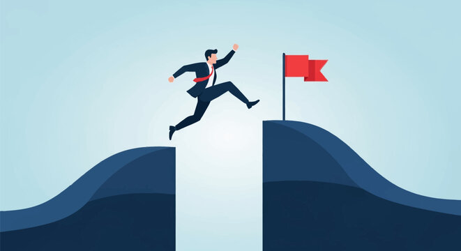 Businessman in a navy suit jumping across a deep gap between two dark hills toward a red flag. Flat vector illustration of career success, overcoming obstacles, and achieving goals.
