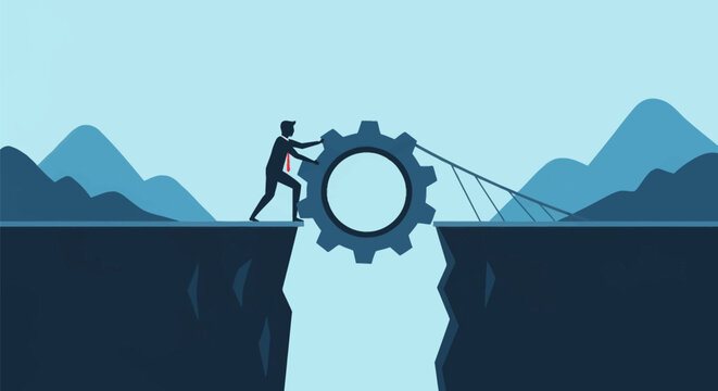 Silhouette of a businessman in a suit pushing a large industrial gear to bridge a gap between two steep cliffs with a blue mountain range background and a ladder structure.