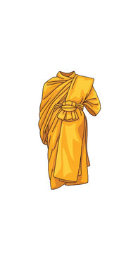 Traditional yellow Buddhist monk robe vector illustration, isolated on white background. Detailed saffron monastic clothing featuring draped fabric, pleats, and waist sash.