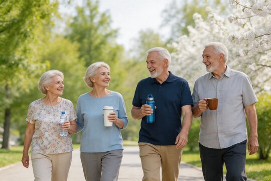 Elderly friends walking outdoors